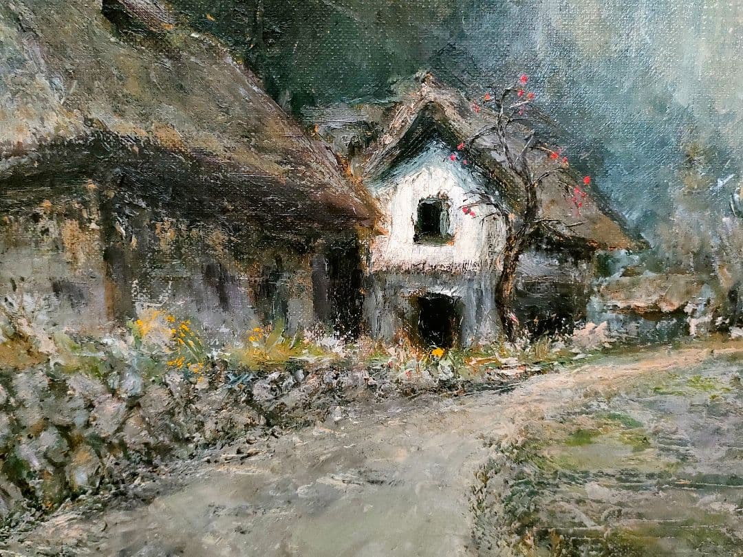 「田舎家風景」油彩 P6 額装サイン有⁰