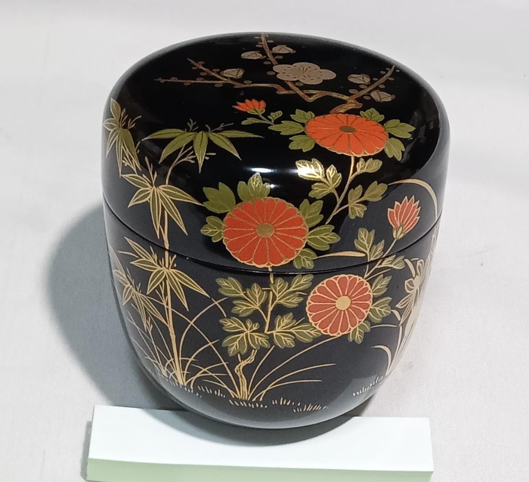 茶道具　黒漆塗大棗　蒔絵師　雅象作　黒漆塗四君子蒔絵大棗　美品！！