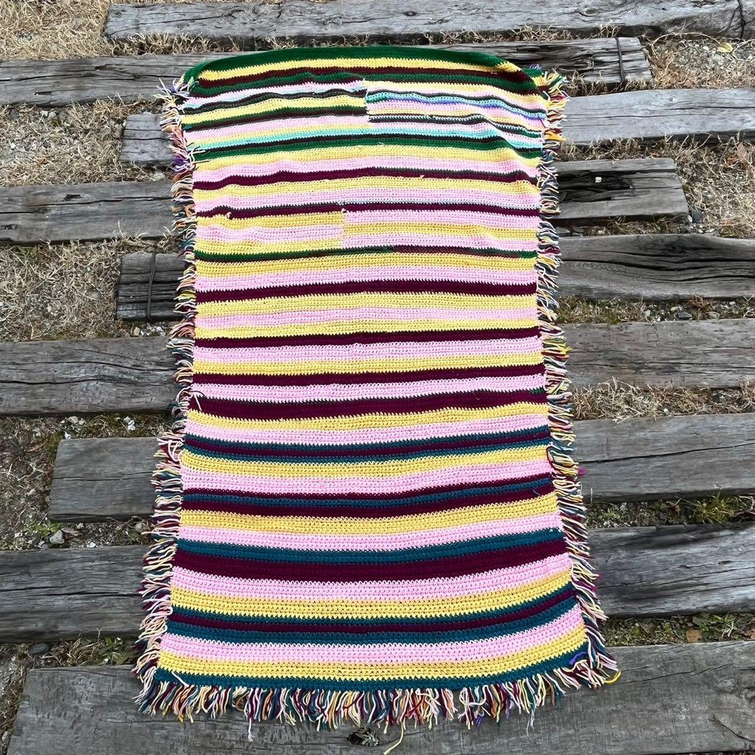 【USA vintage】グラニーブランケット　ストライプ　フリンジ付き