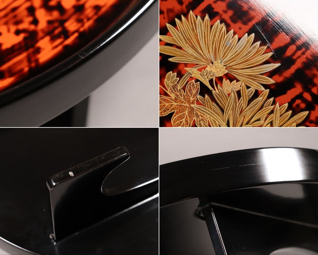 M851/ 木製漆器 草花絵変蒔絵 足付円形膳 五客 根来 黒塗 / 丸輪島加賀