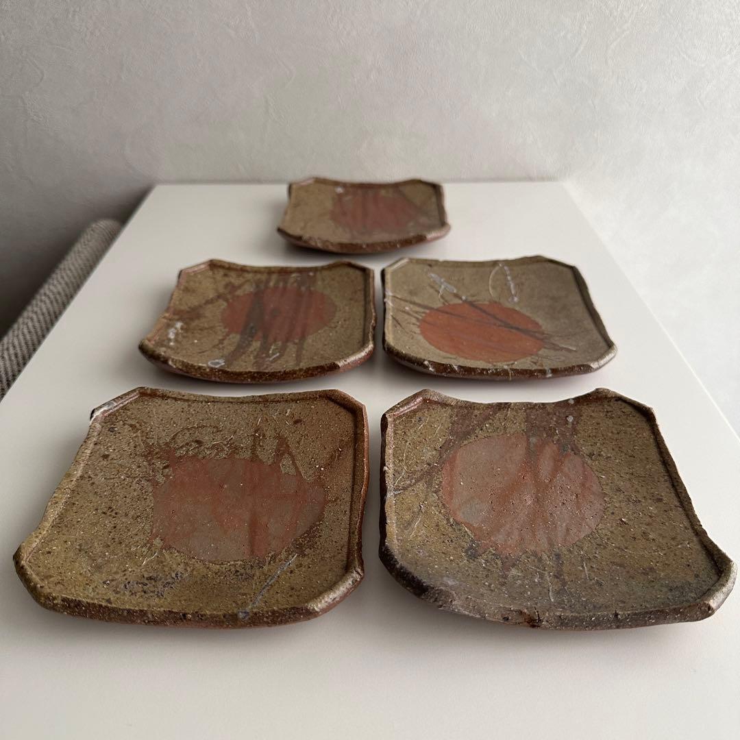 堀江英城 備前 四方皿 5枚 牡丹餅 緋襷 共箱