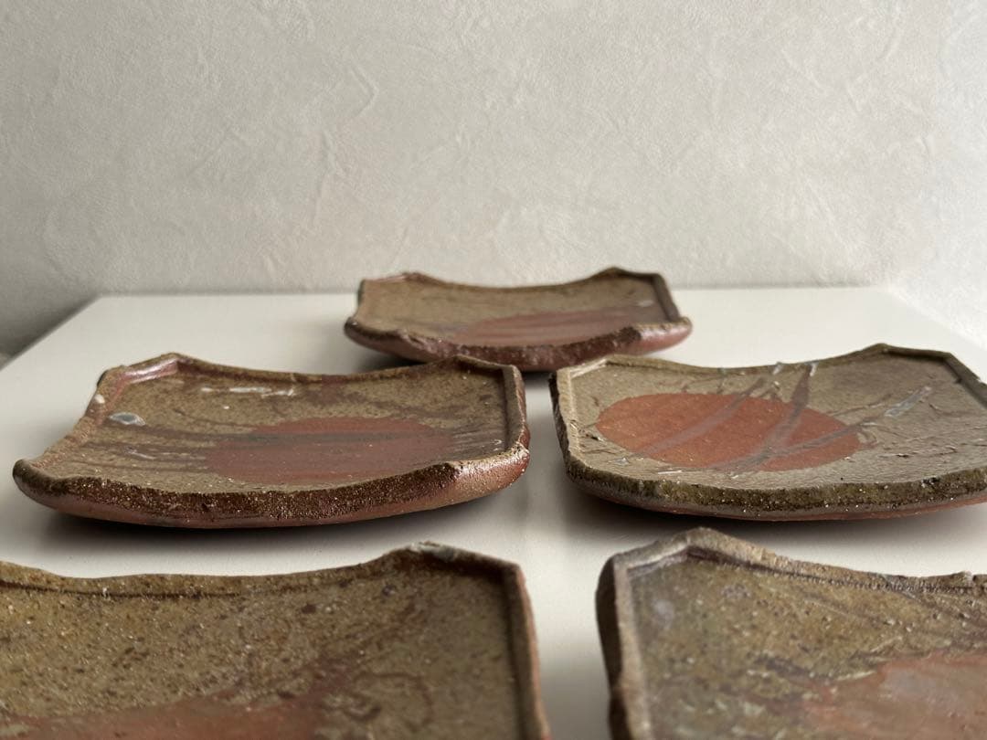 堀江英城 備前 四方皿 5枚 牡丹餅 緋襷 共箱