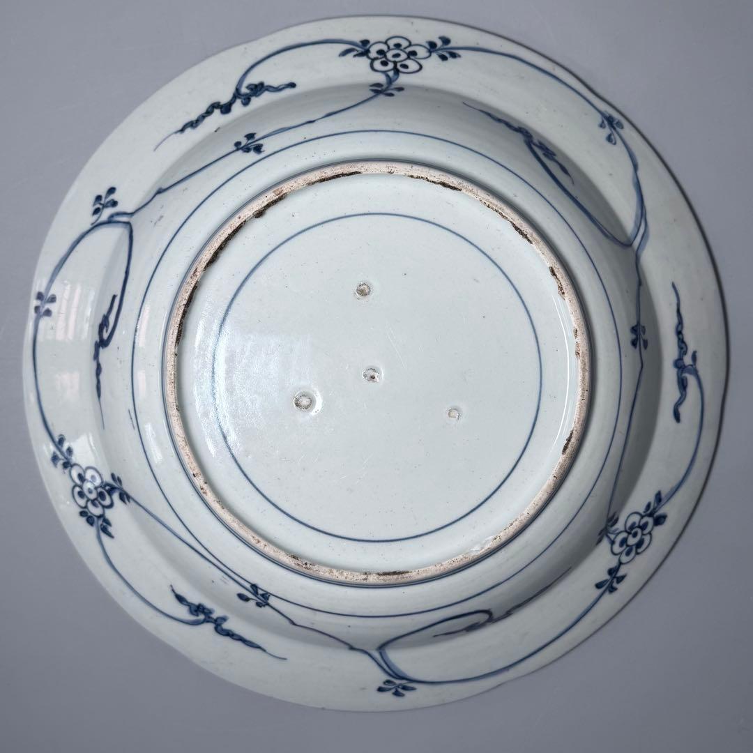 古伊万里　藍九谷様式　染付水鳥花図尺皿　31.5cm　裏唐草文　江戸中期　蒐集家