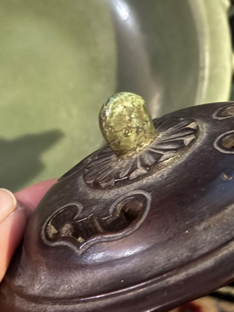 ‼️リサイクルFORT‼️中国の青磁香炉‼️緑石木蓋付