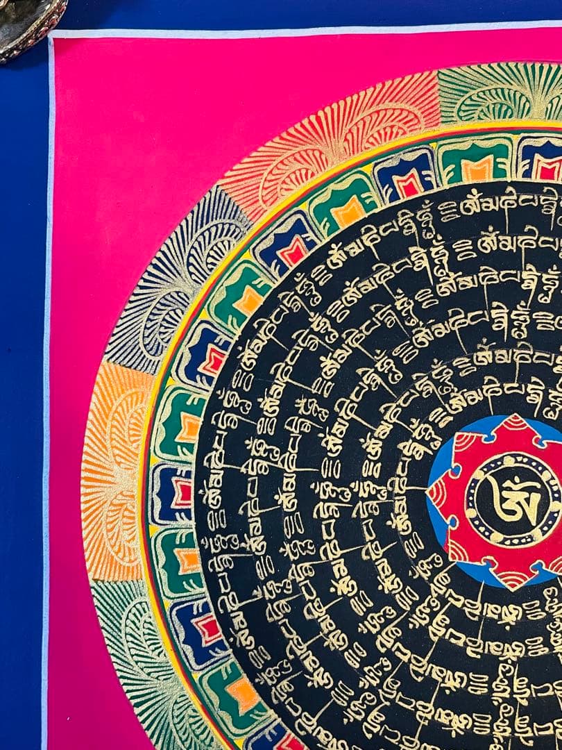 【手描き一点物】チベット密教 曼荼羅タンカ 六字真言入り／開運・護符・浄化p