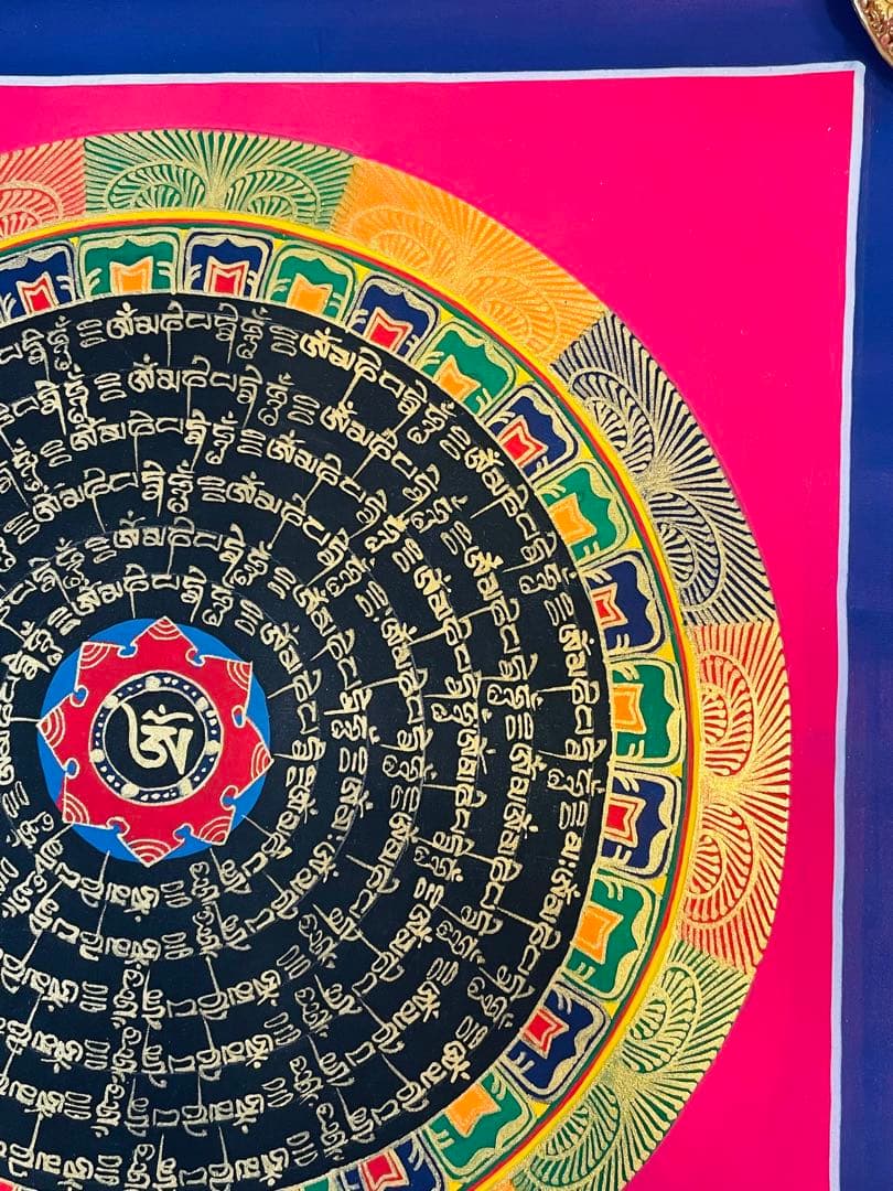 【手描き一点物】チベット密教 曼荼羅タンカ 六字真言入り／開運・護符・浄化p