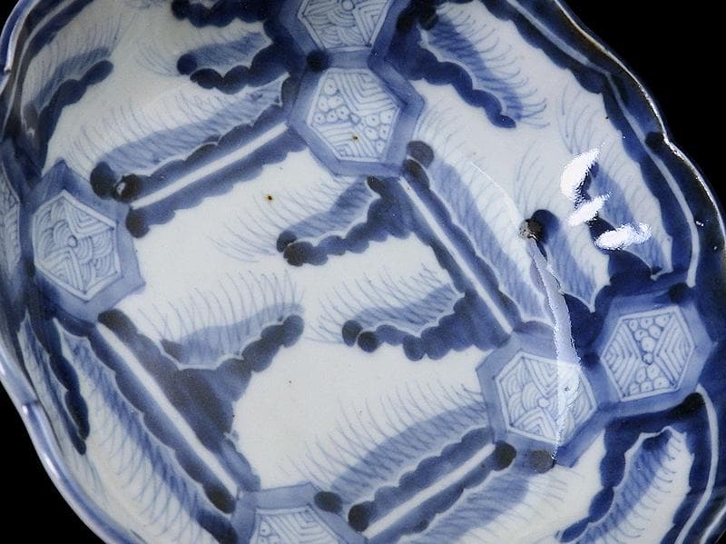 古伊万里　染付　亀甲紋に草花紋の図 膾皿　江戸期　D568AS-fbsx