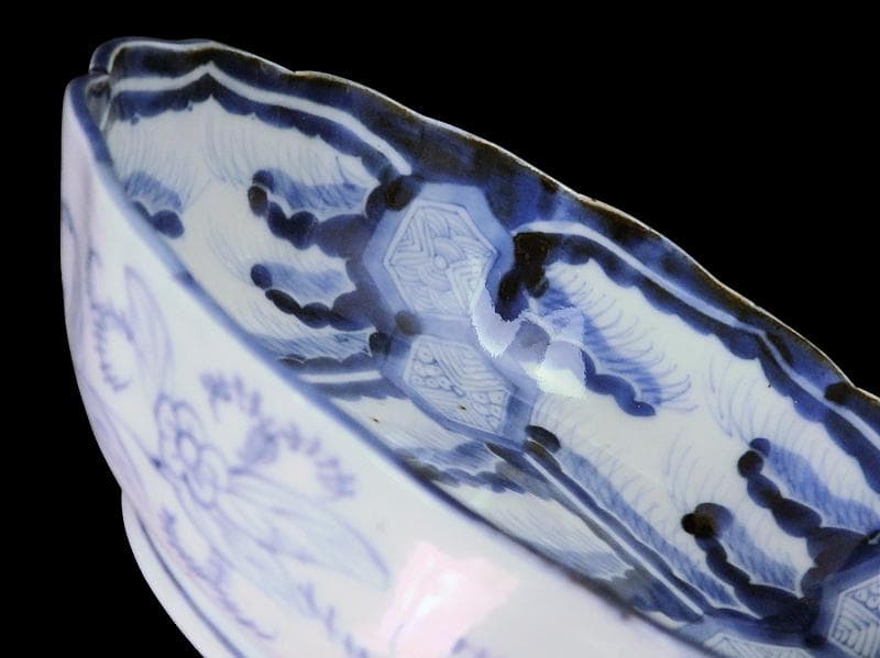 古伊万里　染付　亀甲紋に草花紋の図 膾皿　江戸期　D568AS-fbsx