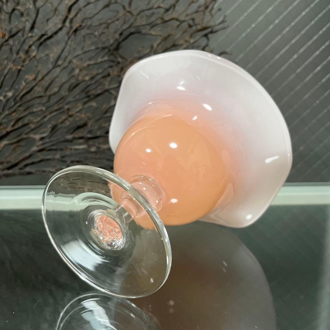骨董　時代　２色バイカラーフリル 乳白色ガラス　橙色　脚付コンポート　菓子器