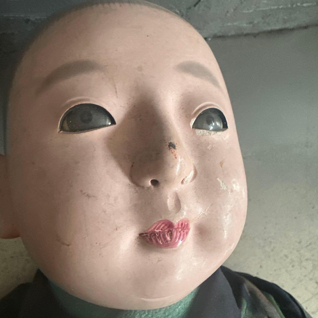 ヴィンテージ　市松人形 男の子　黒と緑の模様