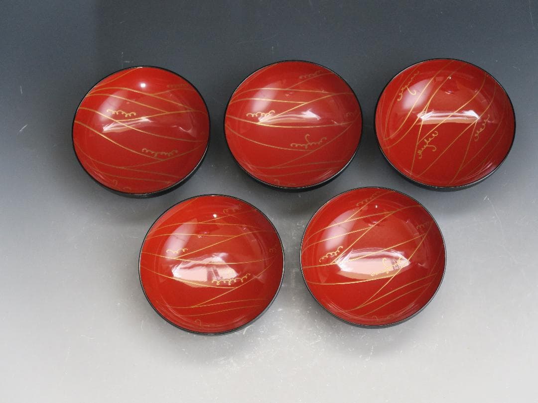 【輪島塗】輪州造 日之出蕨波（わらびなみ）蒔絵 椀 五客揃 天然木 共箱