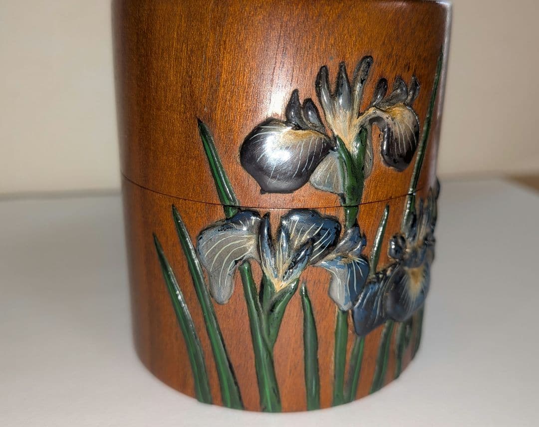 『茂利漆』茶器　光宣作　棗　菖蒲　茶道具　茶入　中次　木彫　あやめ　吹雪