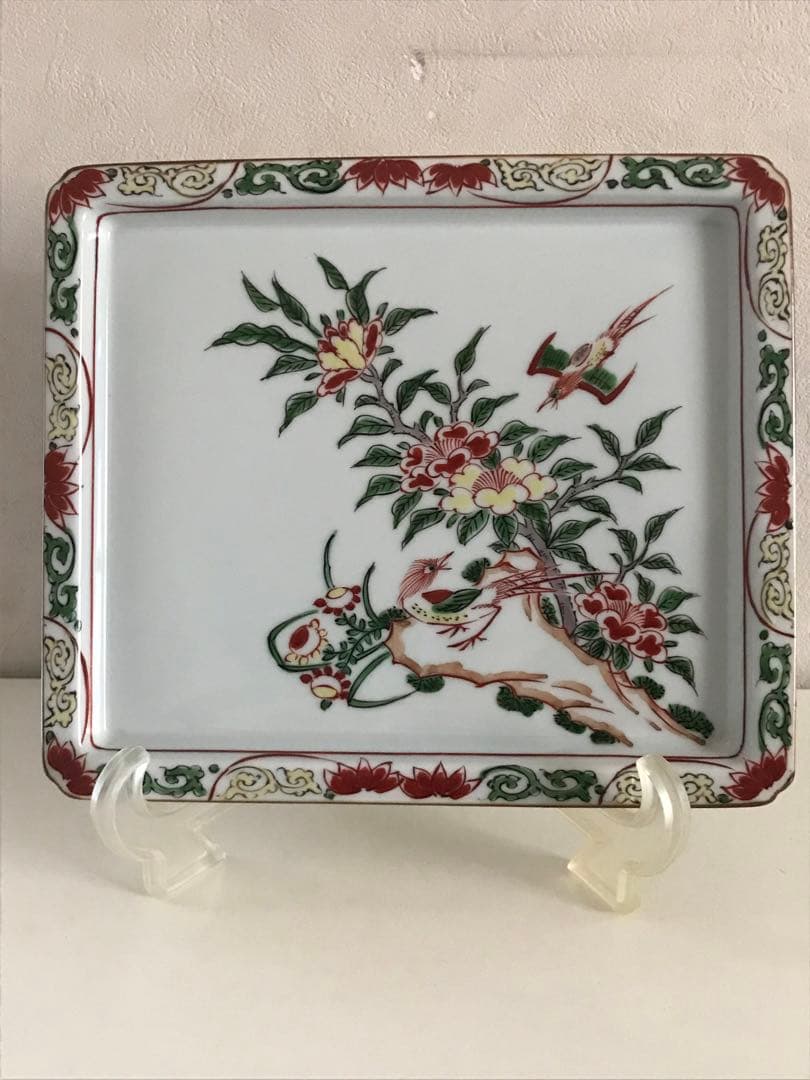 希少品【源右衛門窯・古伊万里】赤絵花鳥文角皿　（1枚）