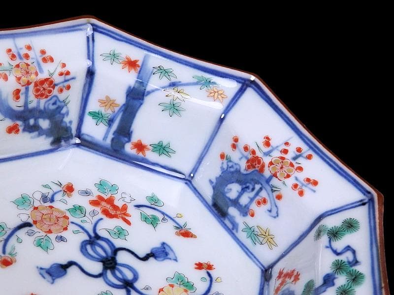 大聖寺伊万里　染錦　柿右衛門写　松竹梅の図　八角膾皿　N293AS-fbuj