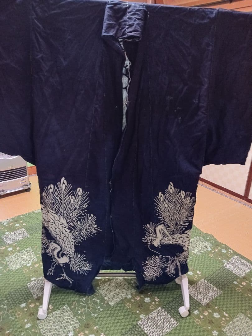 古布　夜着　綿　藍染　筒描き　家紋　鶴松　一枚