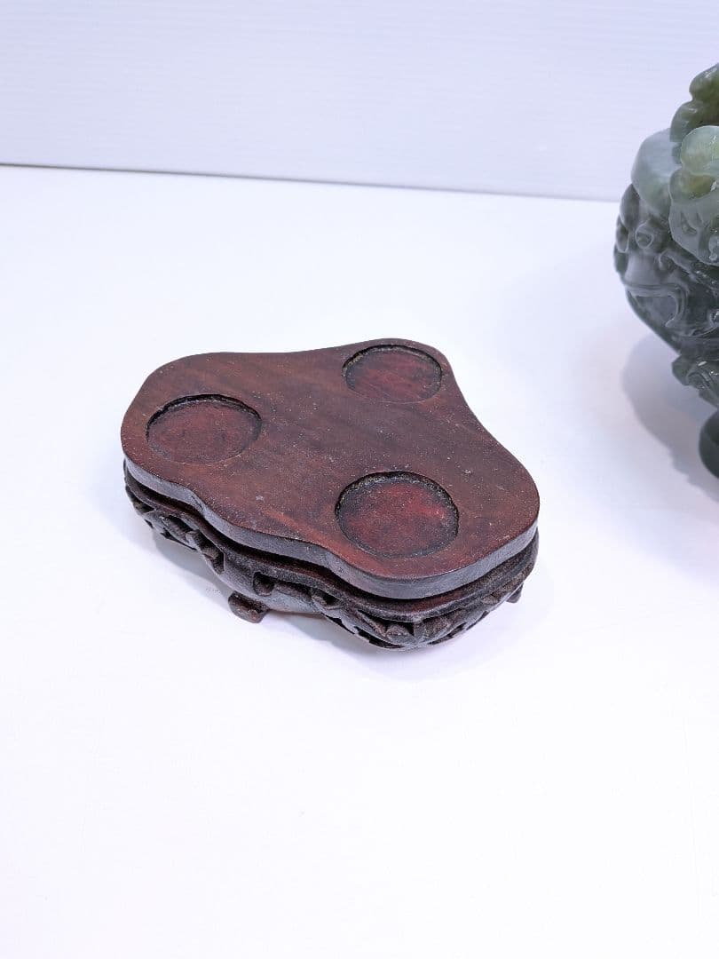 P013 中国美術 翡翠 玉石彫刻 龍彫 香炉 唐木台座付 高さ24cm 大振り