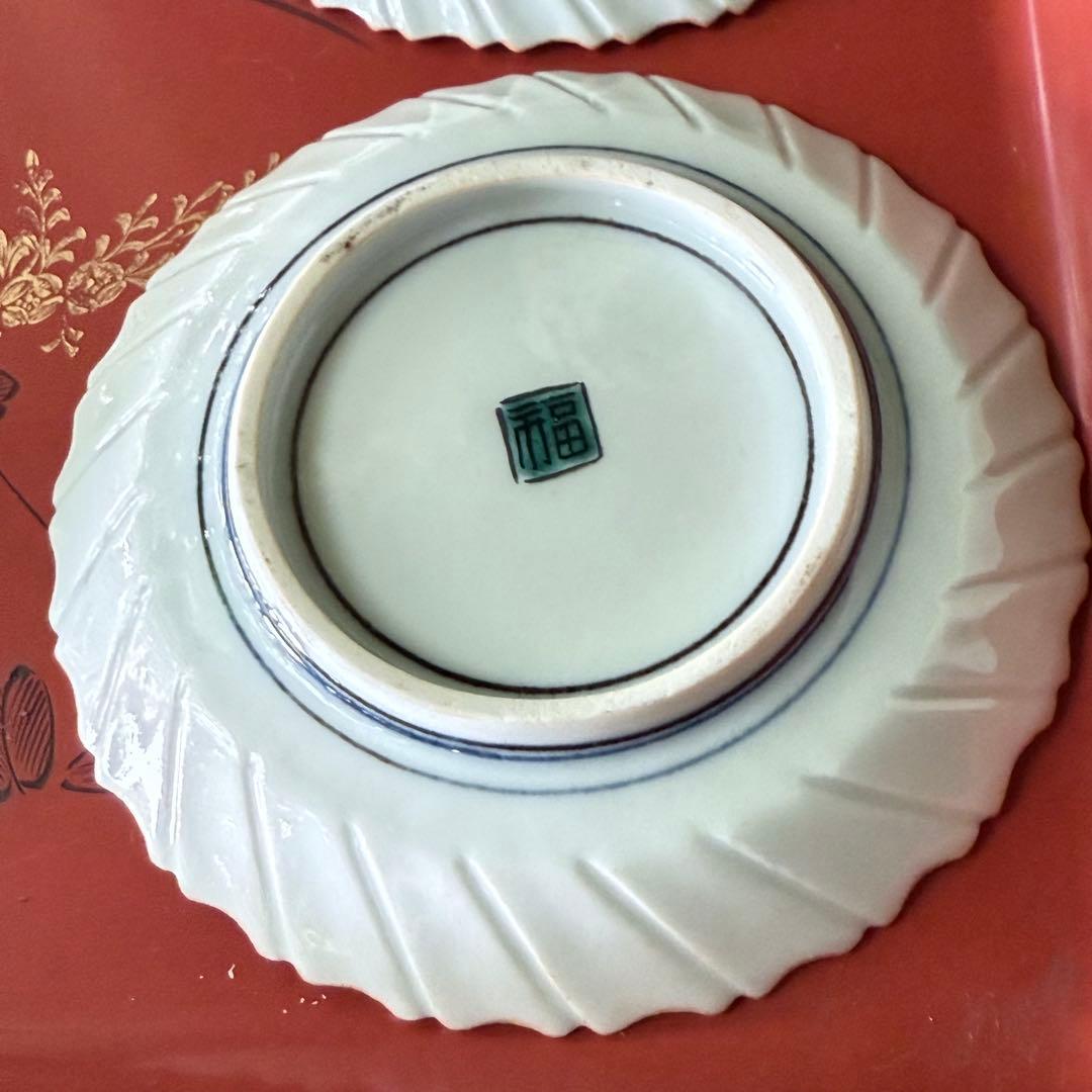 2164感謝‼️夏の倣い古九谷‼️幸せ強運の色絵花鳥図在銘福波打つ小皿4客➕1客プレ