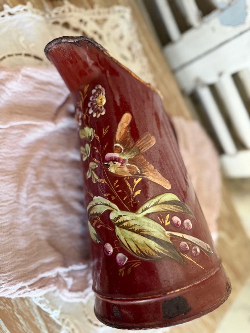 フランスアンティークブラウン小鳥と草花のハンドペイントのホーロージャグピッチャー