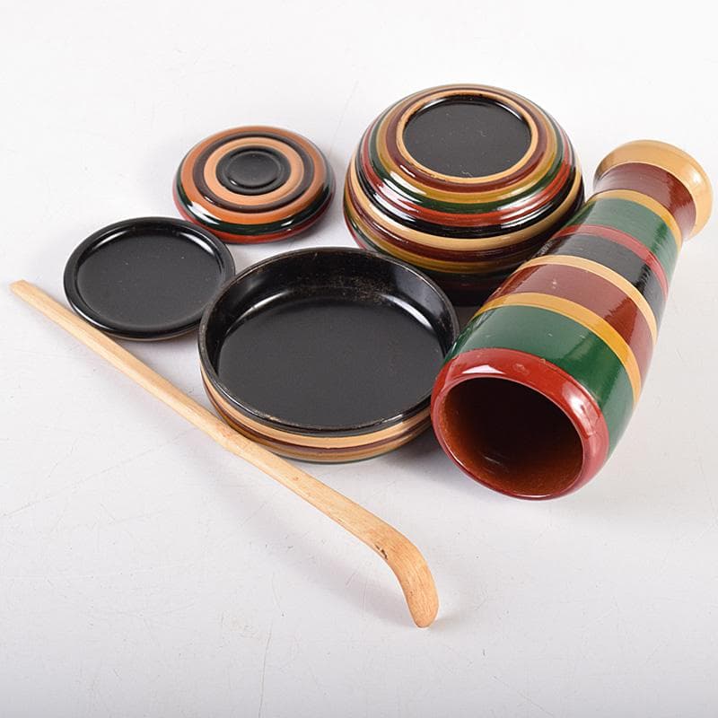 茶道具　面朱茶箱　京焼　山川巖作　茶碗　独楽棗など　九点一式　V　R8493