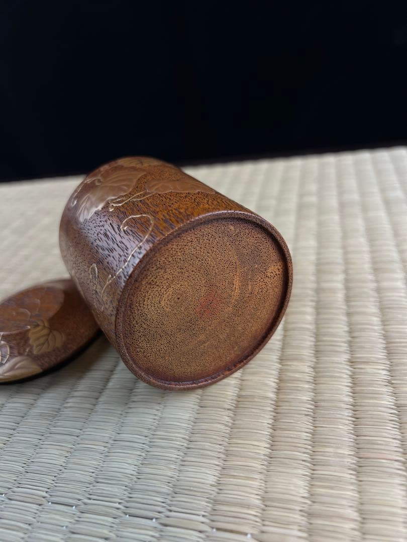 木製葉彫刻棗 箱付き 茶道具　茶入れ　骨董