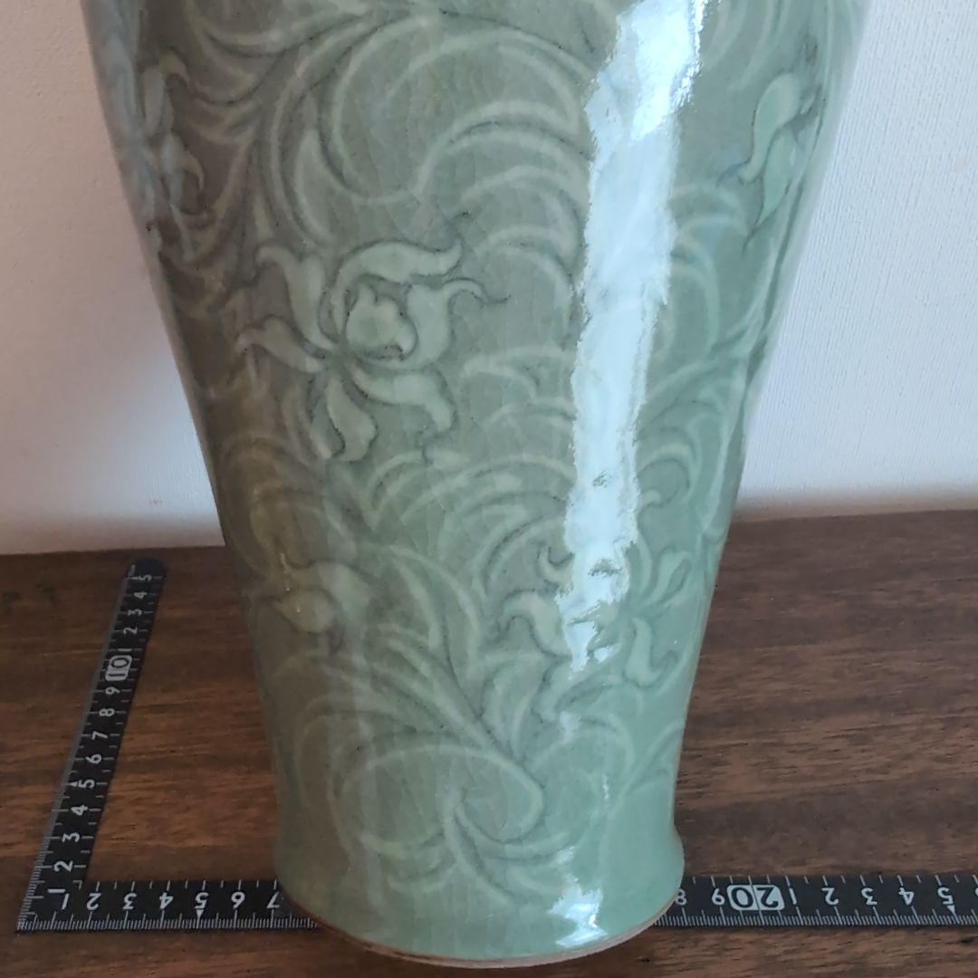 高麗青磁　白黒象嵌　朝鮮美術　梅瓶　骨董　陶芸　陶磁器　33.5cm高程