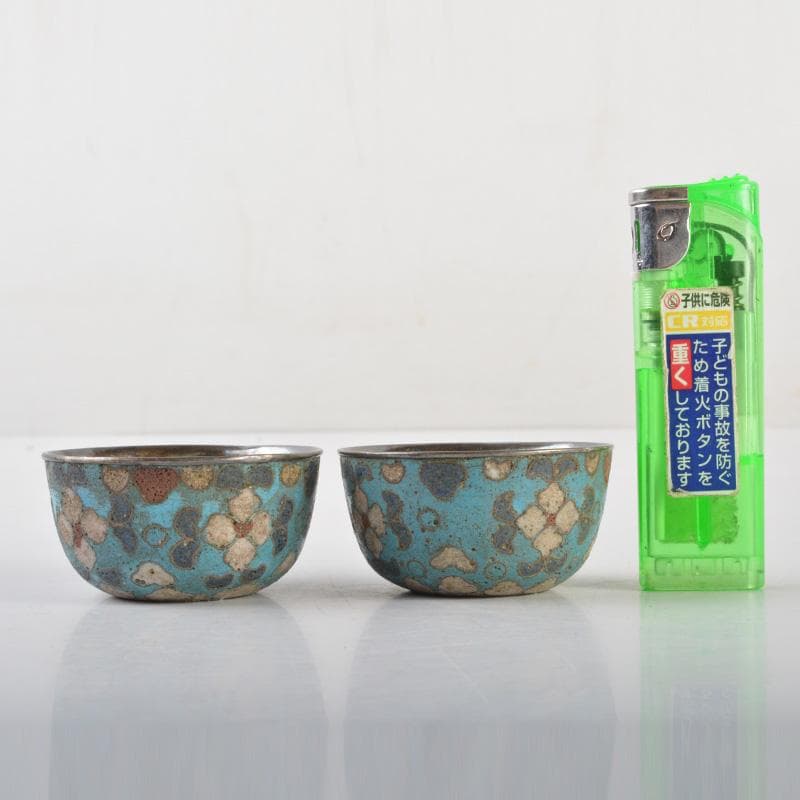 中国　唐物　古七宝内銀張　花草文　盃　一對　M　6628