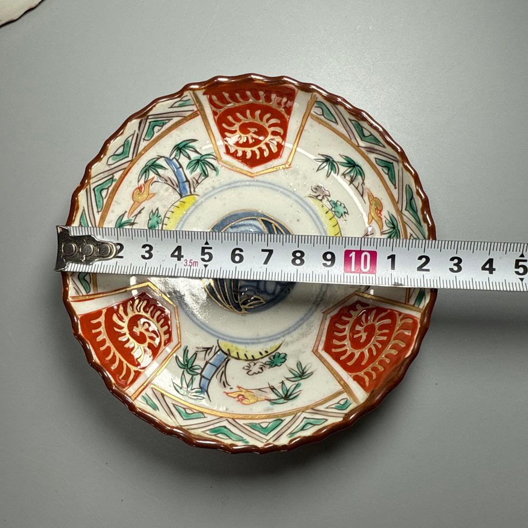 古伊万里　染錦　菖蒲　竹鳥図　直径12.3㎝　赤絵　6枚　古器を楽しむ