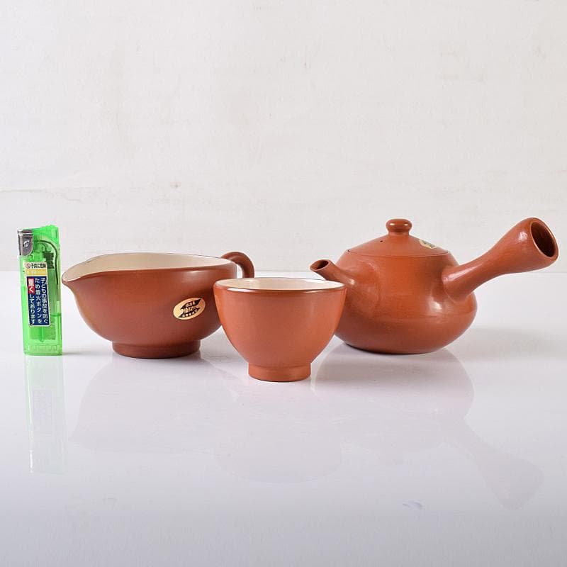 煎茶道具　佐渡無名異焼　丸山金水造　朱泥　茶器揃　共箱　M　R7931