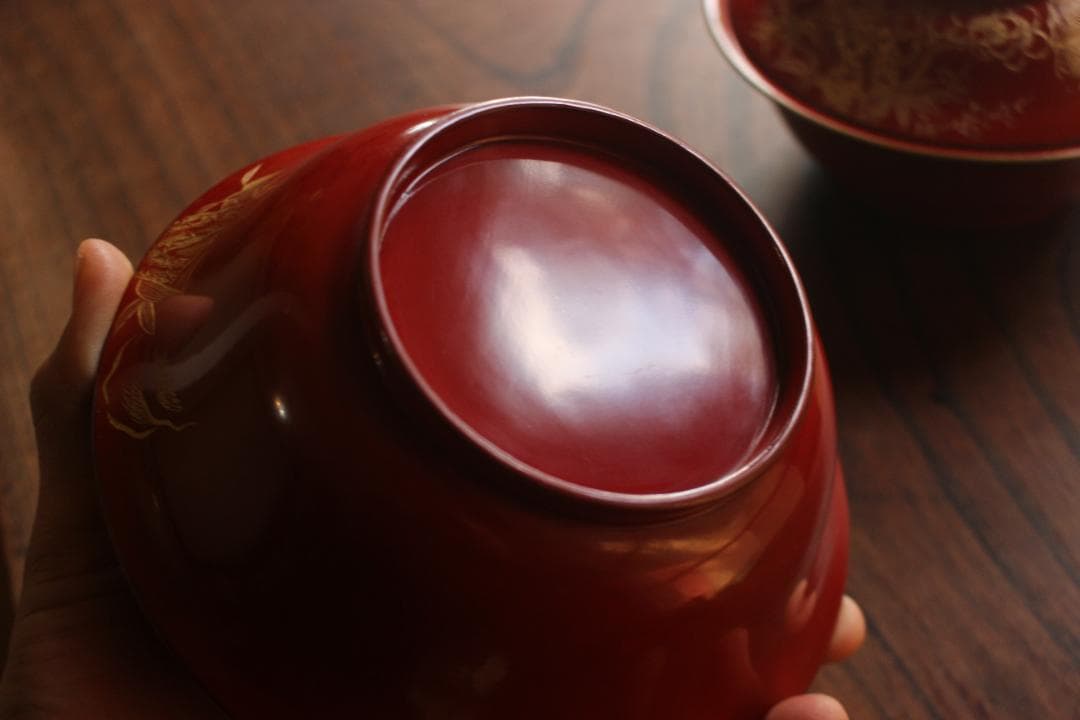 デッドストック！時代金縁朱漆に極上松竹梅沈金の映える大椀2点（検輪島塗雑煮椀