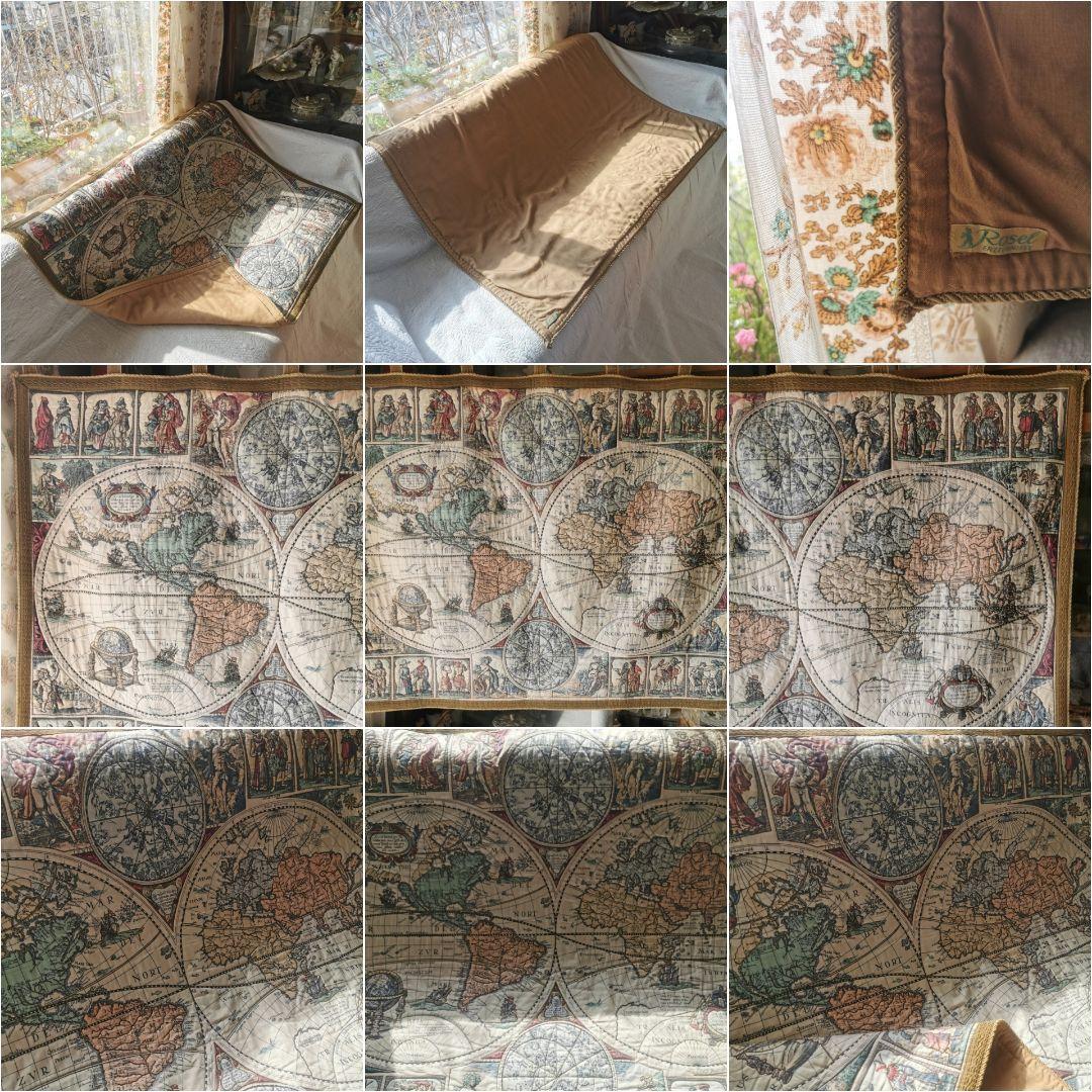 アンティークドイツ ローゼル 17世紀世界地図天体図 ブティ風キルト タペストリ
