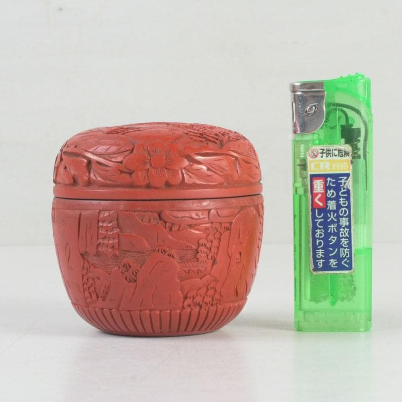 中国　剔紅　堆朱　花草山水刻　棗　時代箱　V　9767