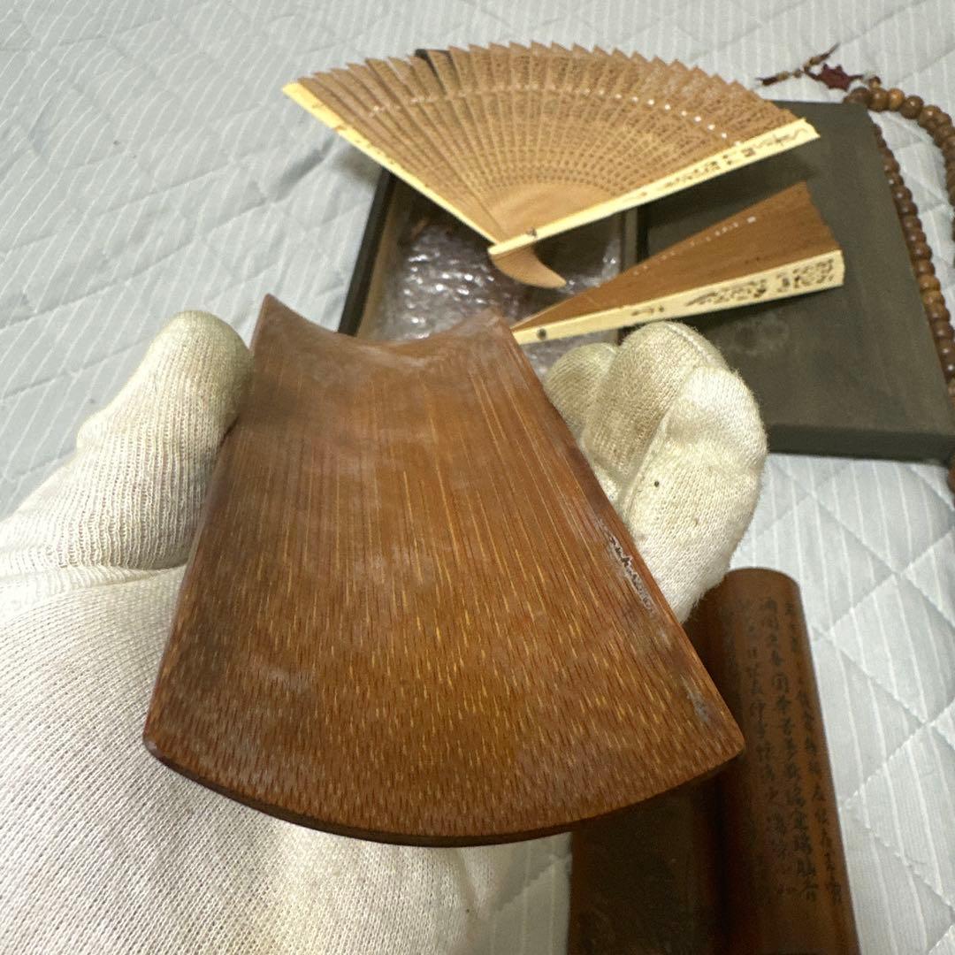 中国 日本時代物白檀念珠紫檀香筒竹彫 詩文 人物 山水 茶道具アンティークまとめ