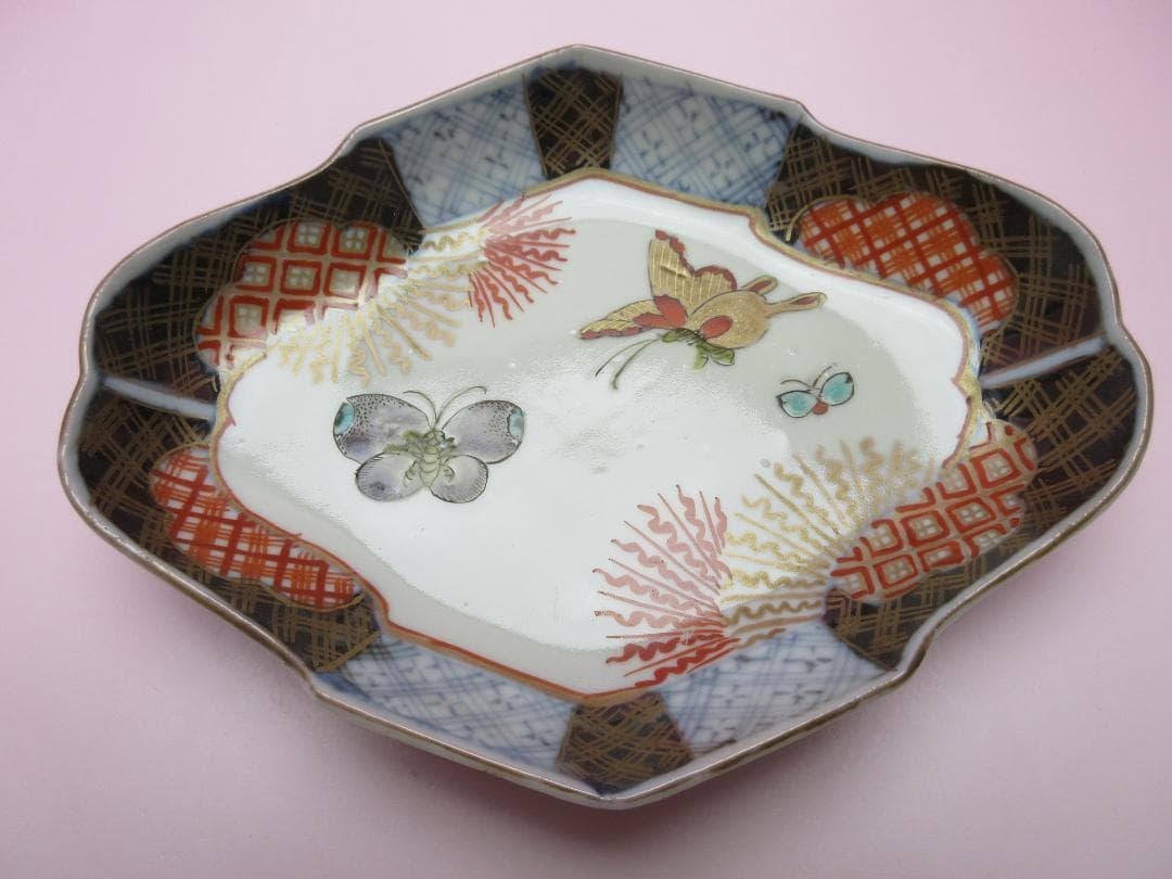 時代 色絵 菱形 蝶紋 刺身皿 向付 5客 アンティーク 古伊万里 70506