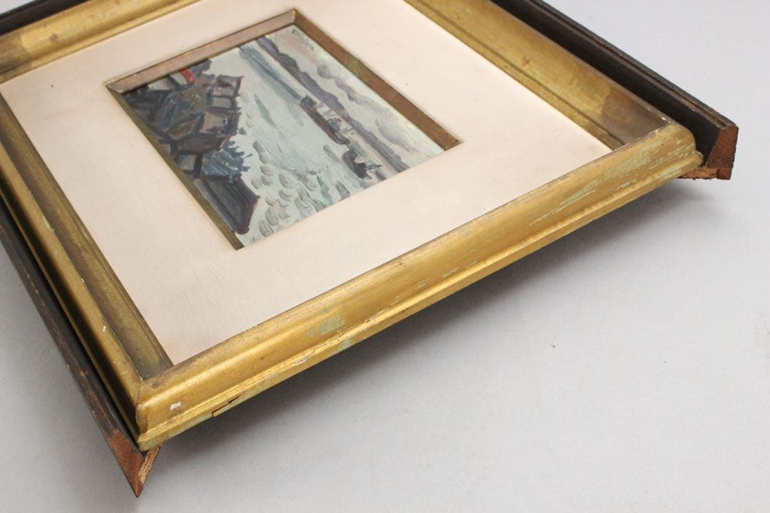 No4847 額装　宮坂昌夫　「釧路河口初冬」　油彩画　SM号　風景画　送料無料