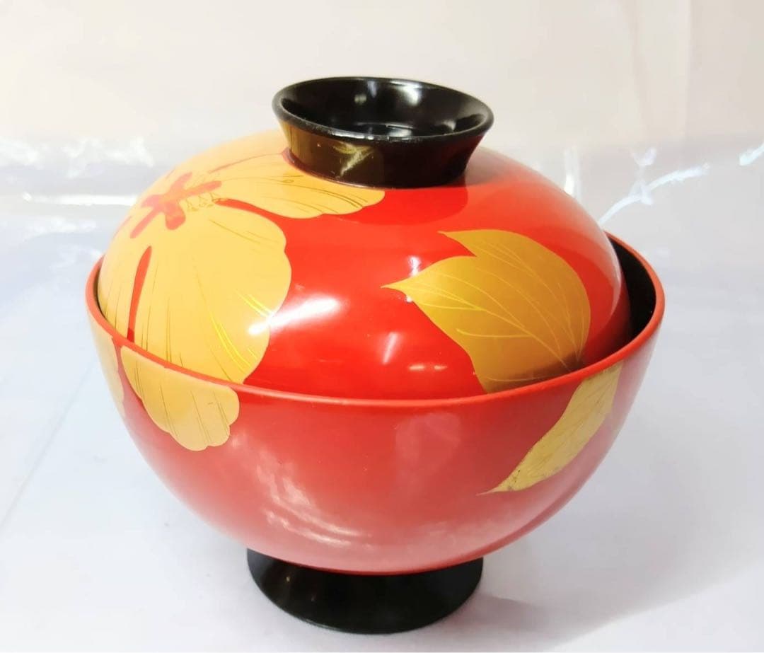 骨董 能登輪島塗 朱漆内黒 芙蓉花蒔絵 お椀 5客 レトロ アンティーク