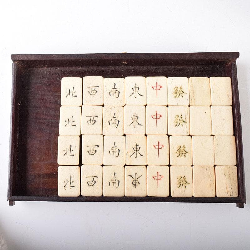 中国　竹嵌　骨牌　背竹牌　麻雀牌　唐木箱付　M　8054