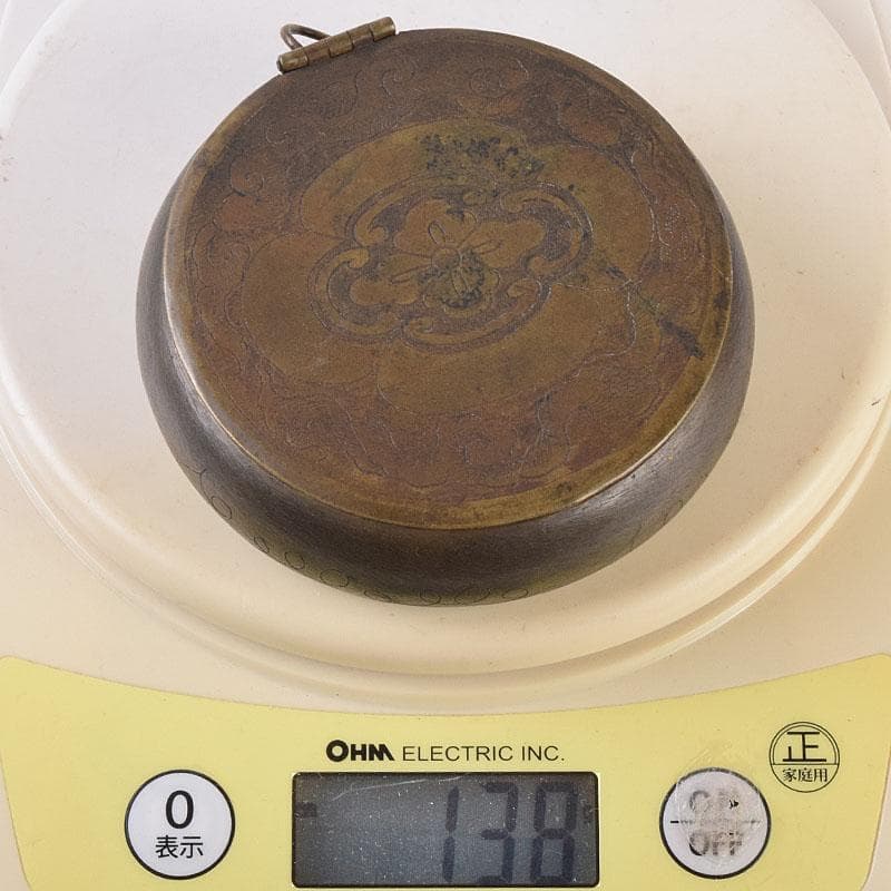 中国　古銅　木瓜神獣刻　薬入　蓋物　時代箱付　C　R8939