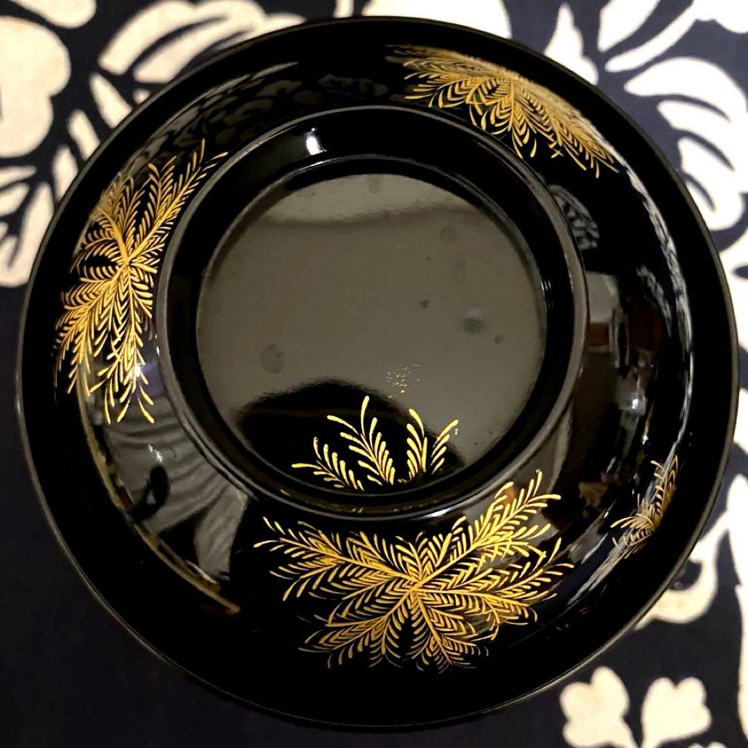 輪島塗　忍紋沈金　木製吸物椀　五客組　共箱有り　高級漆器　羊歯紋　雑煮椀・煮物椀