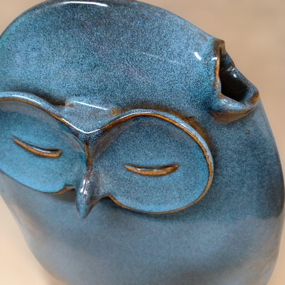 フクロウの陶器　作家物　花器　花瓶 ブルー　グラデーション