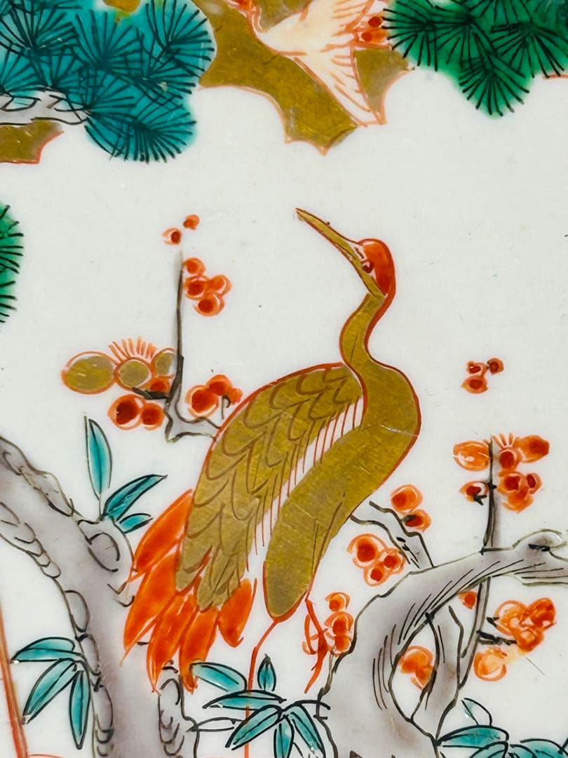 古伊万里　色絵　金襴手　松竹梅　鶴　輪花　七寸皿　5枚　21.5㎝　窓絵　帆舟