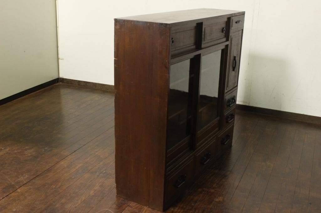 古い木製茶箪笥 収納棚/和家具/飾棚/食器棚時代箪笥/茶道具/ガラス戸棚/煎茶棚