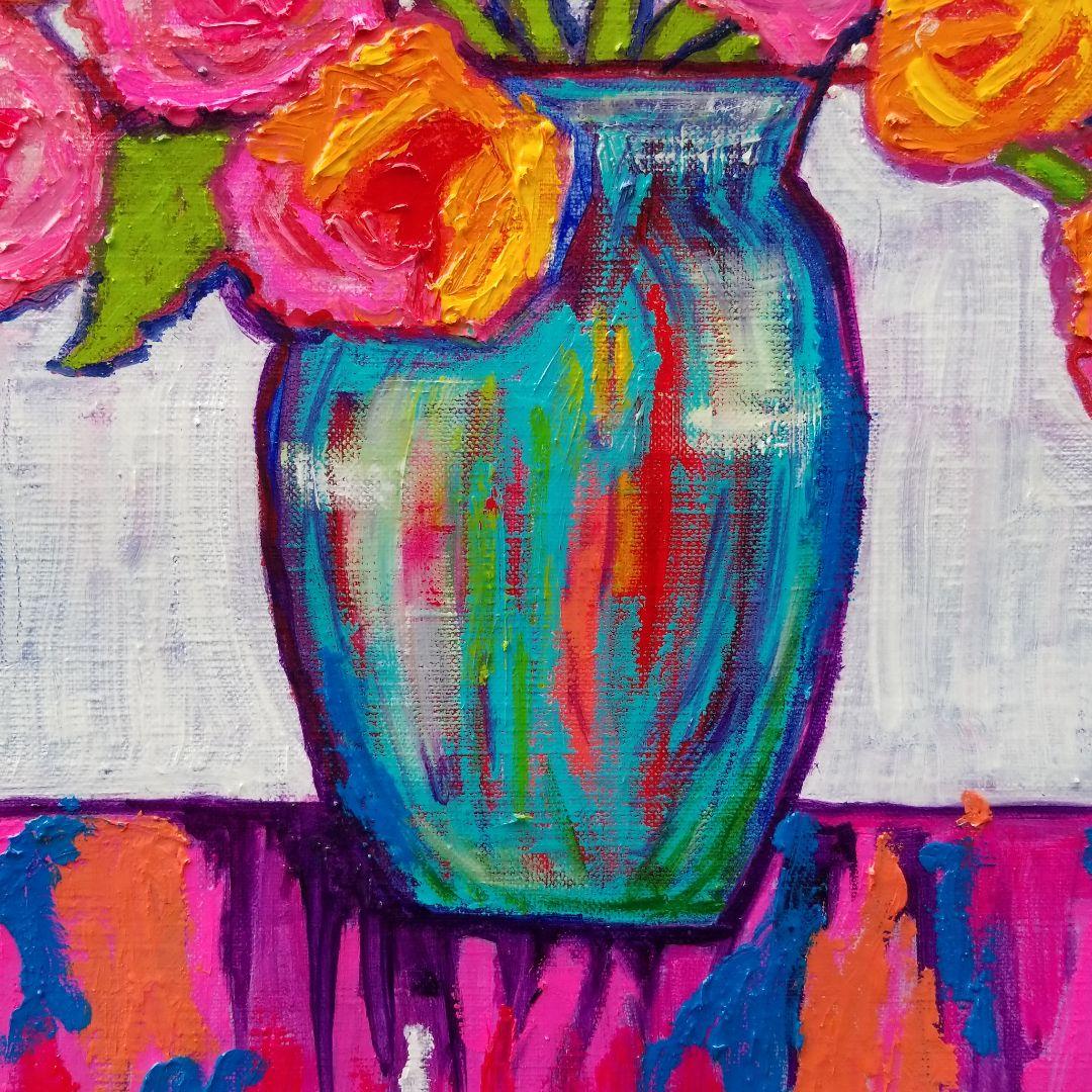 油絵　よっこ確認　ピンクとオレンジ色の花を差した花瓶