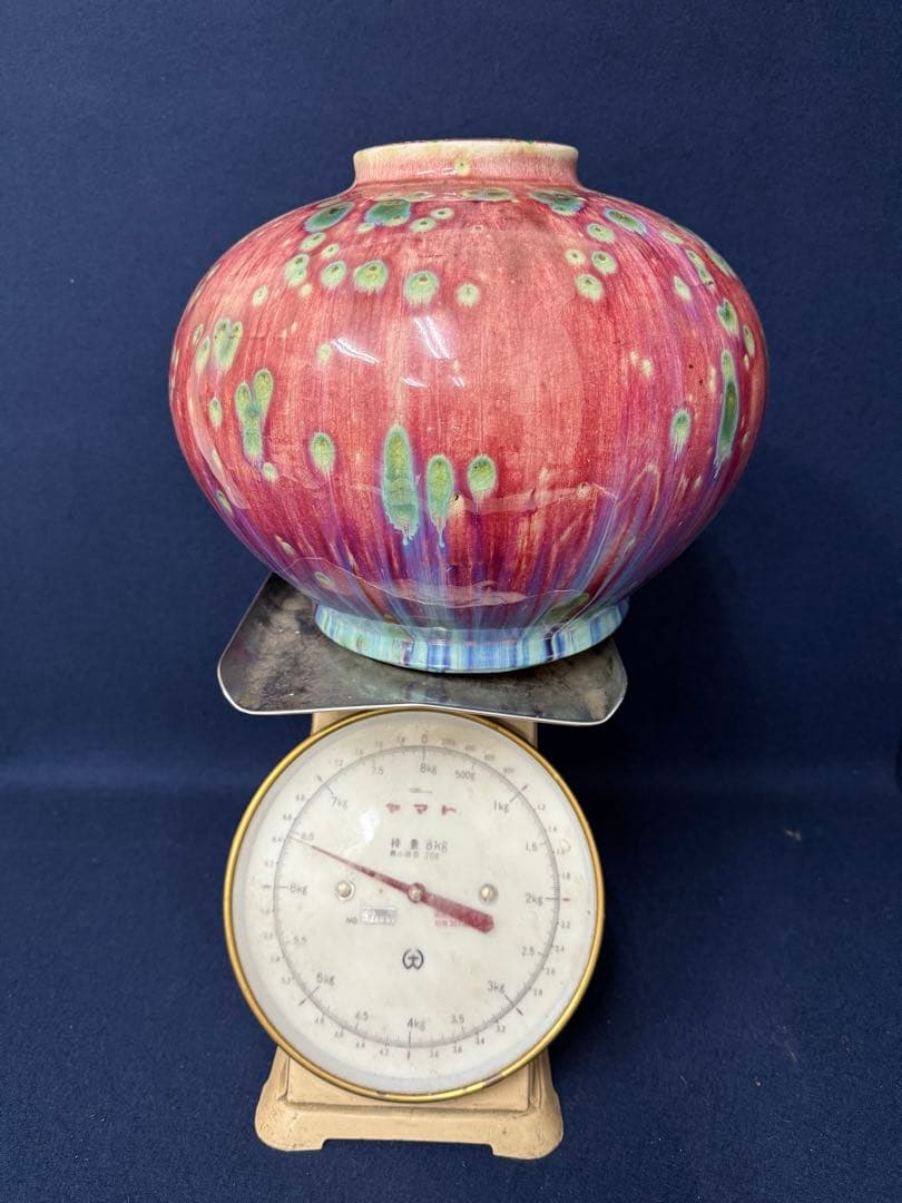 花器 花瓶 飾壺 辰砂釉 孔雀釉 中国美術 重さ約6.4kg 木箱 骨董品