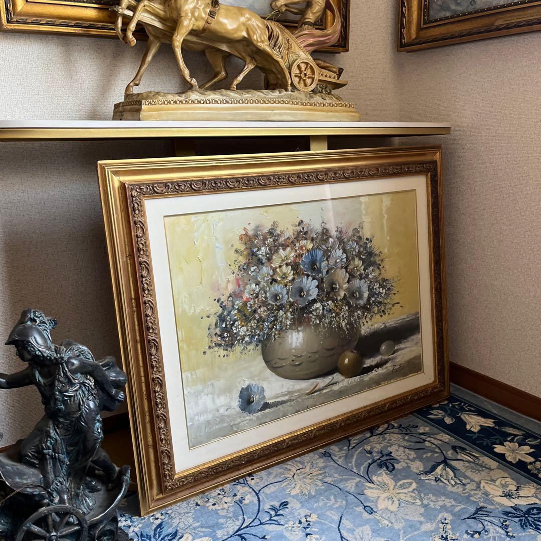 【更に値下げしました】花瓶の花 油彩画 大きめ 金色フレーム