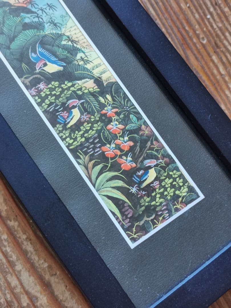 インドネシアバリ島アート 田園と亜熱帯の鳥と花 細密手描き風景画 マスターピース