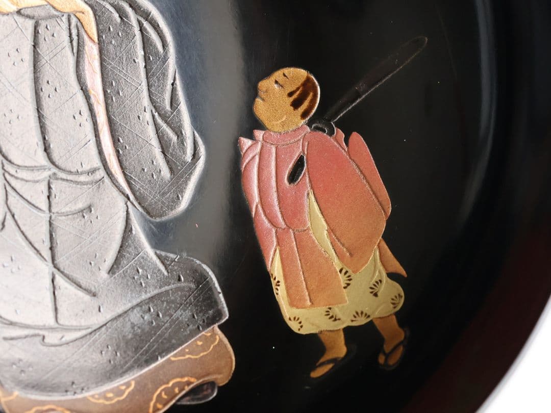 【MB196】輪島塗 天然木漆塗 黒塗椀 三客 蒔絵 大和絵 源氏絵 人物 昭和