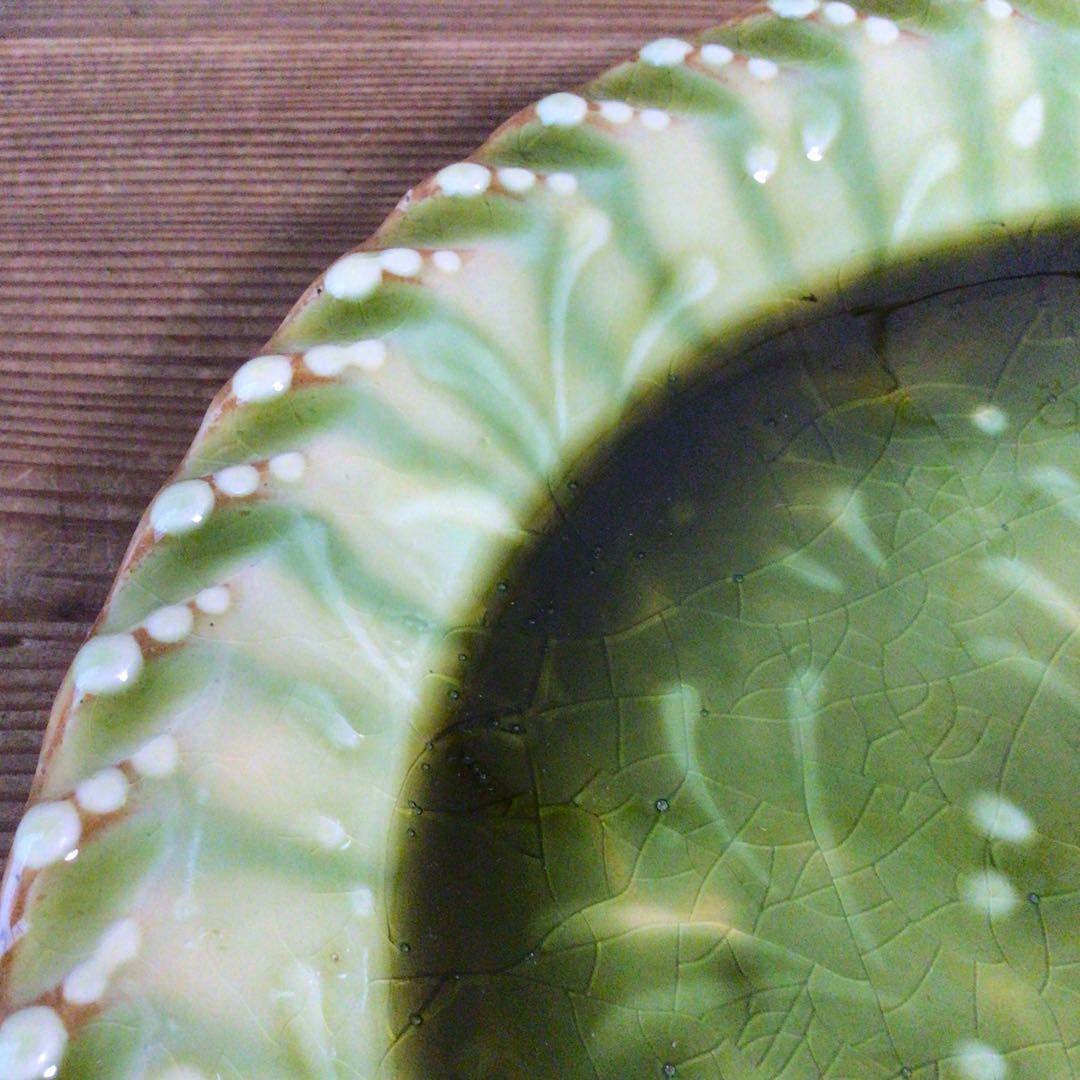 No4975 布志名焼　船木伸児　緑釉丸皿　共箱/栞付　島根県　民藝　送料無料