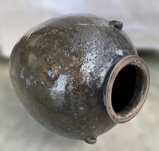 古薩摩 苗代川焼 四耳壷 黒酢壷 古民具 庭造 水瓶 甕壺 花華 釉薬