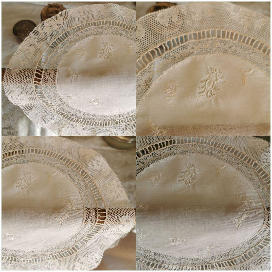 アンティーク 蛍 白鳥 手刺繍リネンドイリー ポワンドパリ 淡いグリーンエクリュ