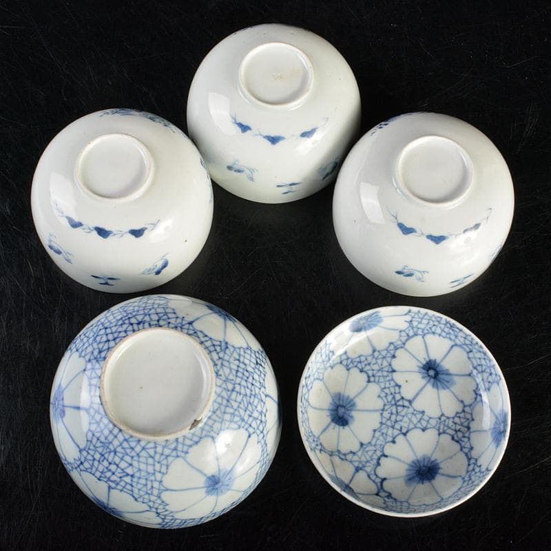 平戸焼　古平戸　染付 花鳥文煎茶碗　3客　氷裂花文蓋碗　まとめて　C　R6872